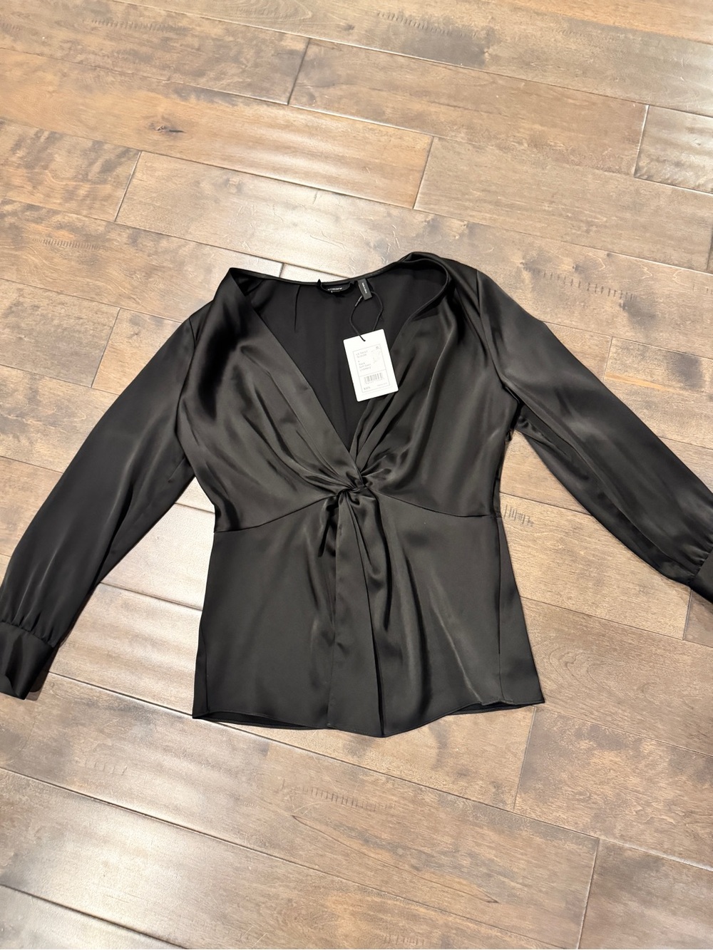 Theory Black Twist-Knot V-Neck Long-Sleeve Blouse - Picture 3 of 5